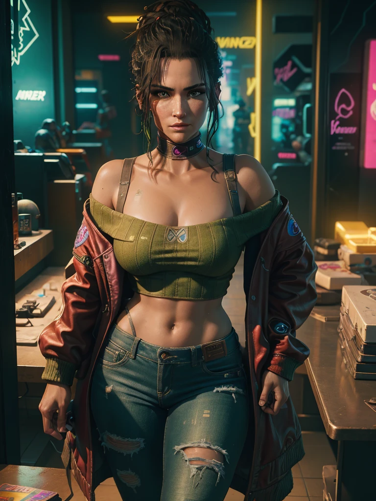 Panam Palmer, Cyberpunk 2077, masterpiece, 8k quality, extremely detailed, bedroom background, off the shoulder green sweater, straps over the shoulder, jeans