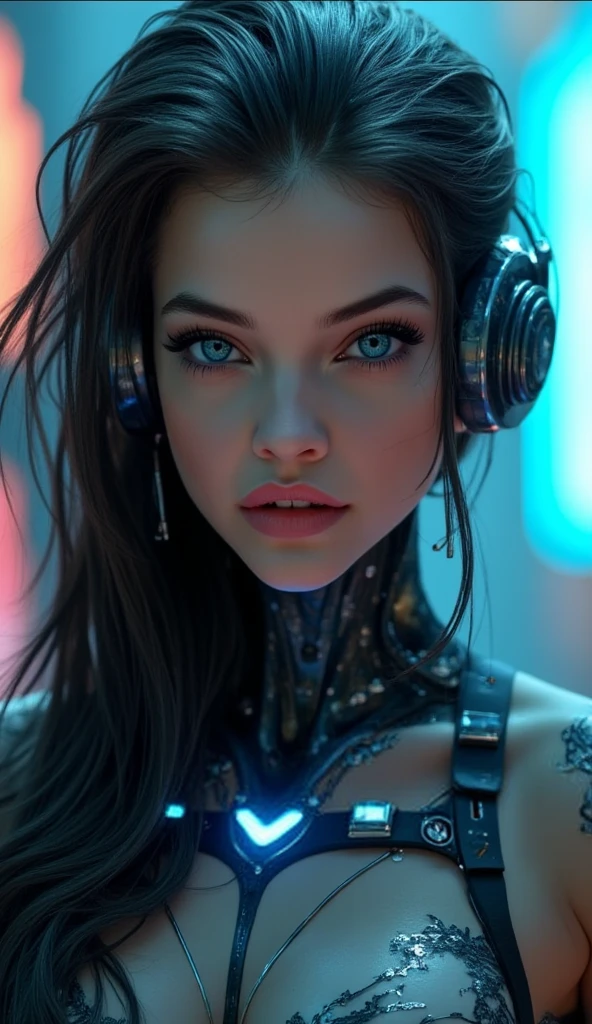 create a futuristic woman with long loose black hair, vibrant blue eyes, thick lips, very beautiful, with a serious face, and with robotic parts