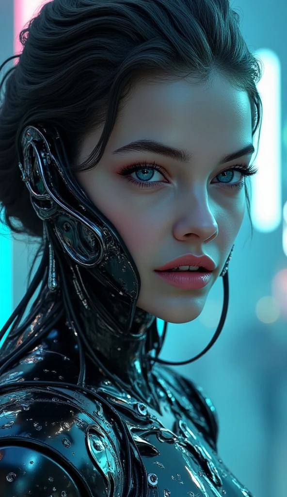 create a futuristic woman with long loose black hair, vibrant blue eyes, thick lips, very beautiful, with a serious face, and with robotic parts