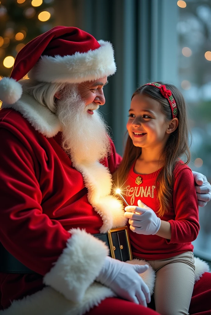 Santa Claus with children at the Christmas tree with gifts,((Best Quality)), ((Masterpiece)), (Detailed), a perfect face, foto realista