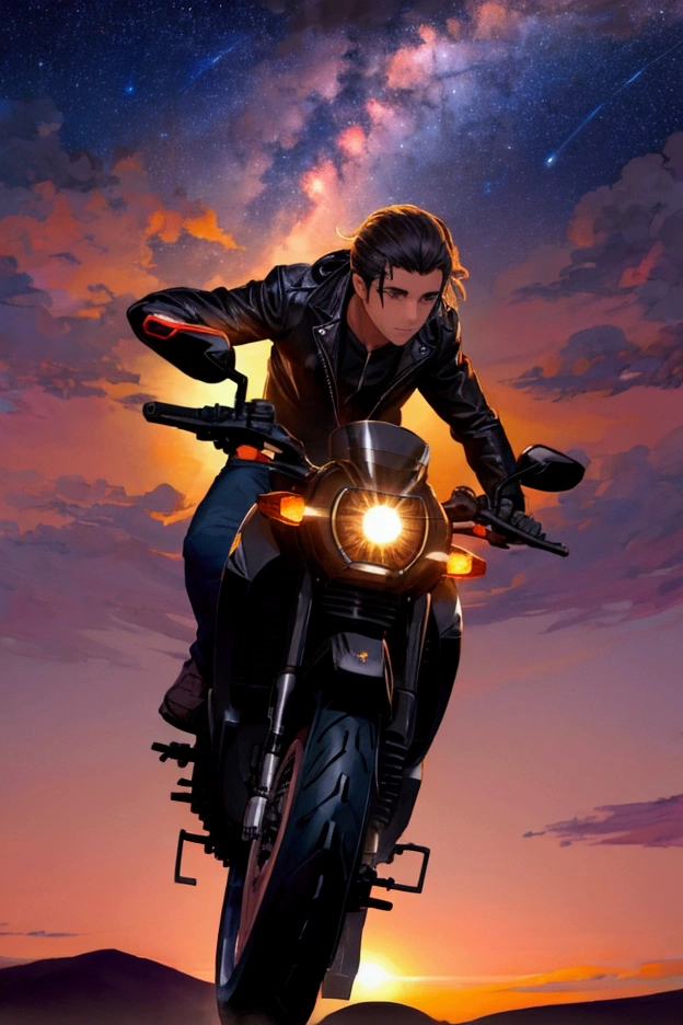 Silhouette of a man riding a motor bike, riding in sunsets, gorgeous twilight cloud and skies, milky way, stars