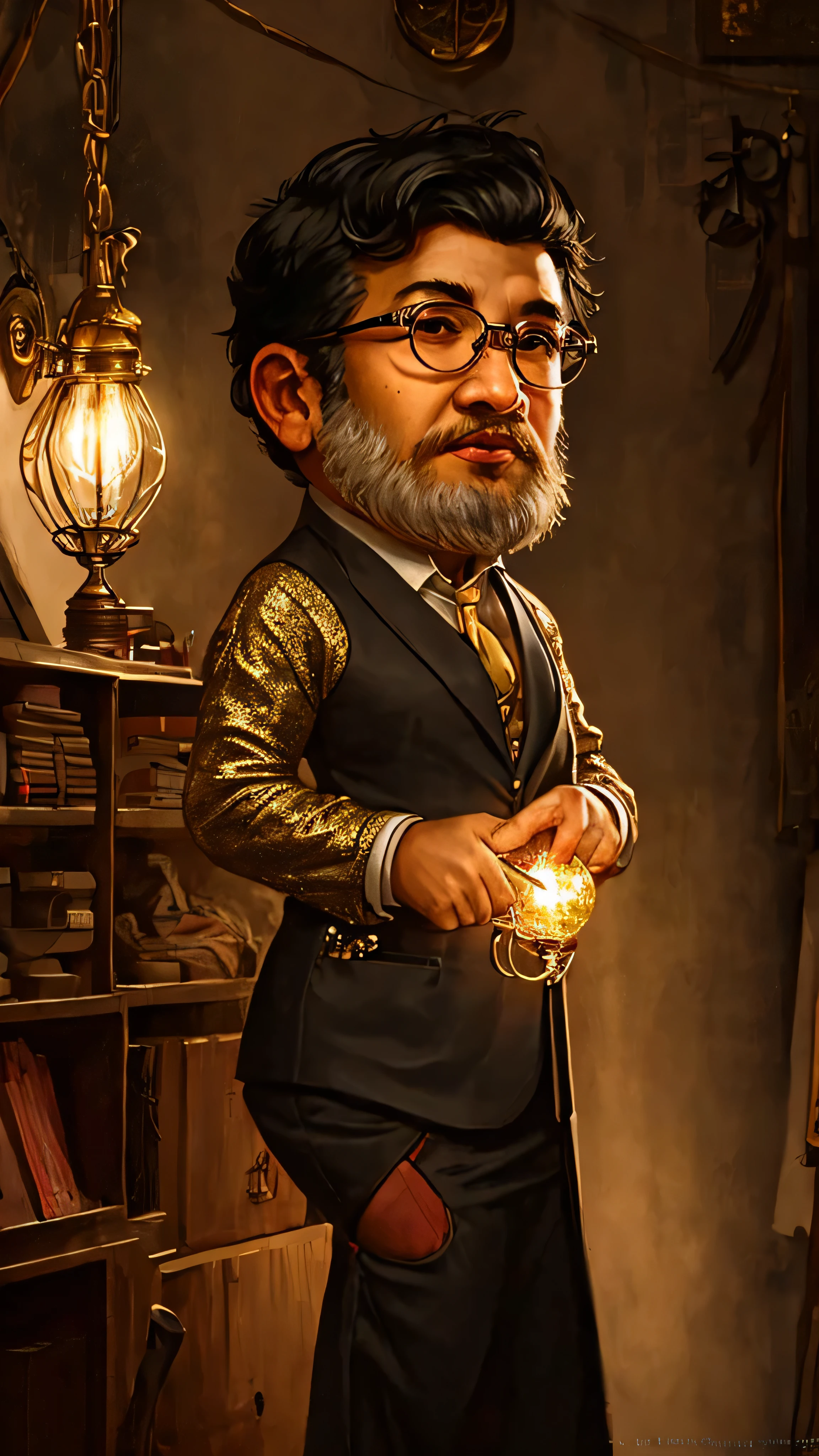 gnome, male, short stature, shortstack, black hair, big brown eyes, big ears, brown body skin, fashion designer, tailored suit, subtle embroidery, round gold-rimmed glasses, standing, beside mannequin, draped in a half-finished gown covered in tiny glowing gemstones, bustling atelier, luxurious fabrics, shimmering threads, intricate sketches pinned on the walls, shift colors in the light, stylish, creative, vibrant atmosphere, assistants bustling around, sewing machines humming, magical tools floating in the air, faint glow, magical chandelier, dramatic light, (insanely detailed, beautiful detailed face, masterpiece, best quality), cinematic lighting, solo, cowboy shot, front view, looking at viewer, intricate, high detail, sharp focus, dramatic, photorealistic painting art by greg rutkowski