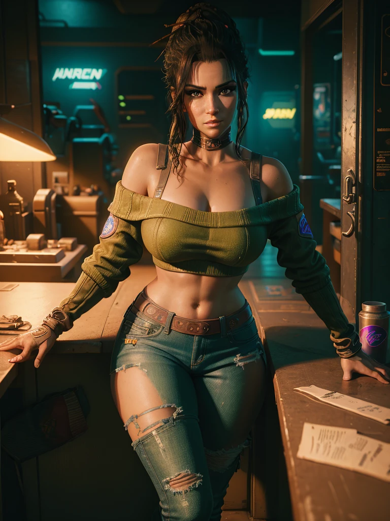 Panam Palmer, Cyberpunk 2077, masterpiece, 8k quality, extremely detailed, bedroom background, off the shoulder green sweater, straps over the shoulder, jeans, brown eyes, medium breasts, semi thick thighs