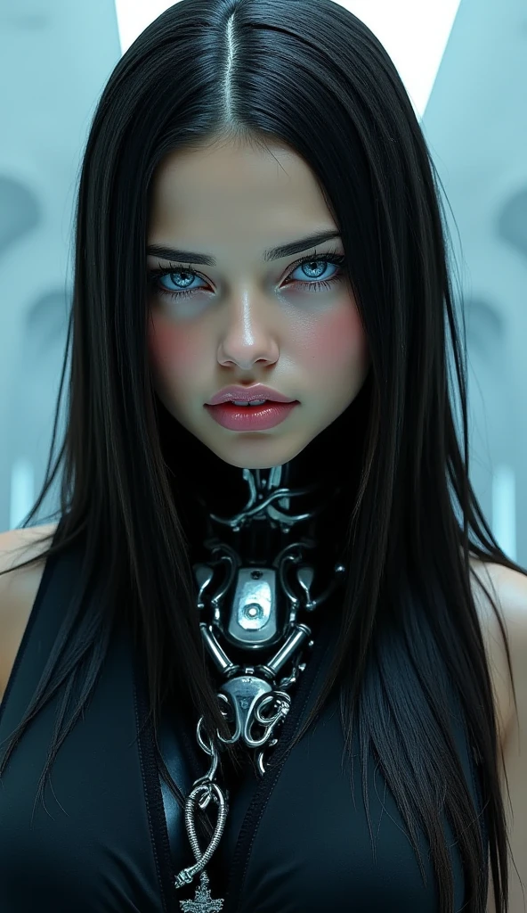 create a futuristic woman with long loose black hair, vibrant blue eyes, thick lips, very beautiful, with a serious face, and with robotic parts