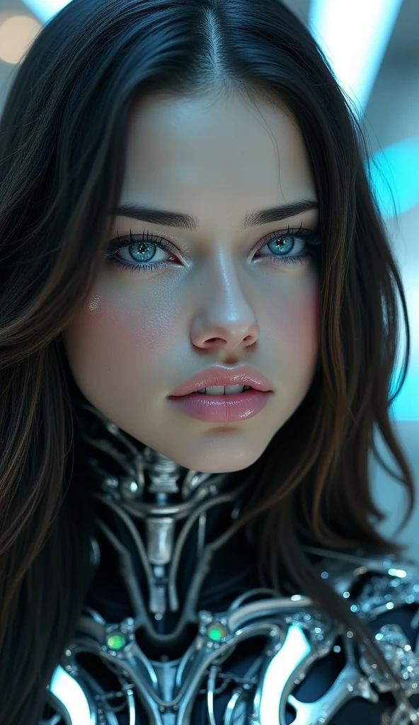 create a futuristic woman with long loose black hair, vibrant blue eyes, thick lips, very beautiful, with a serious face, and with robotic parts