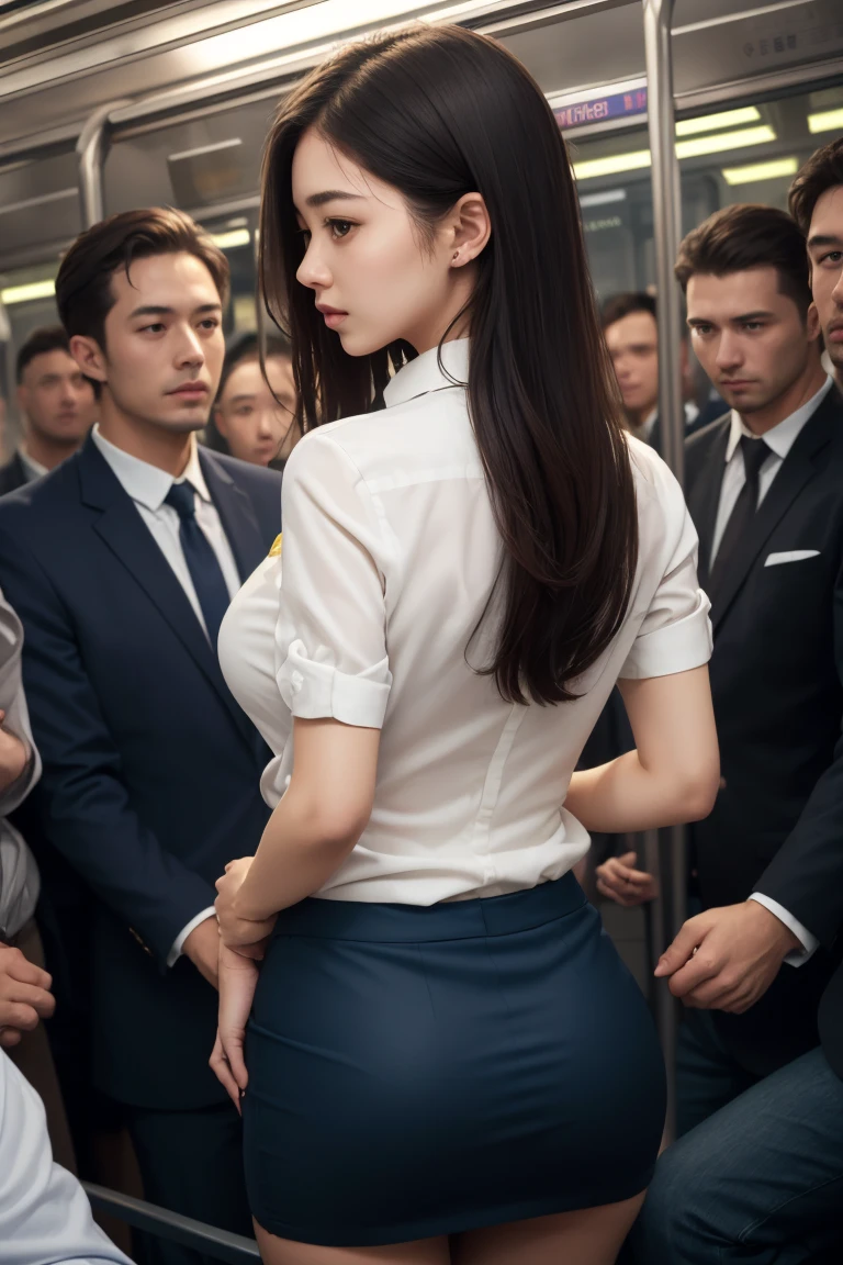 (in 8K、Raw photography、Highest Quality、realisitic、Photorealsitic、Professional Lighting、​masterpiece、extremely delicate and beautiful、Highly detailed、finely detail、ultra-detailliert、hight resolution、full-shot)、SFW、VERY crowded train detailed scenario、1girl in、Beautuful Women(woman 1)ha、Wearing a black jacket、Beautiful face:1.5、Model body type、small tits、All passengers except one woman are young men..:3、Young man in suit、(woman 1)Touching the body of、Young men(woman 1)hug from behind、Young men(woman 1)Touching the chest of、Young men(woman 1)Flipping up the black skirt of、(((Pubic hair is visible)))、Woman 1 is crying、shed tears、((( are visible)))、(((Focus on the buttocks)))、(((T back)))