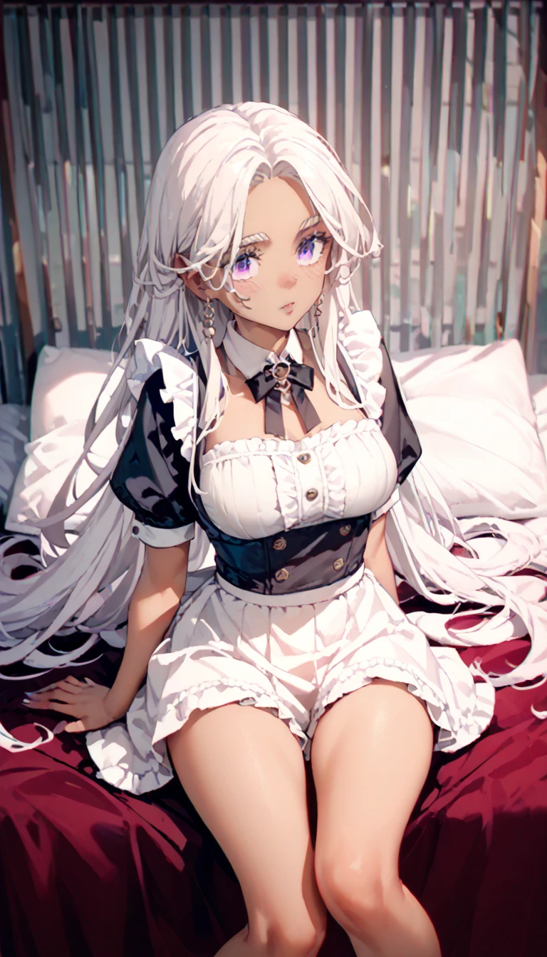 Brown-skinned girl with LONG LONG white hair, violet eyes, with big bust, wearing a maid costume with a short skirt and with a little long shit while listening to music while sitting on a bed , 