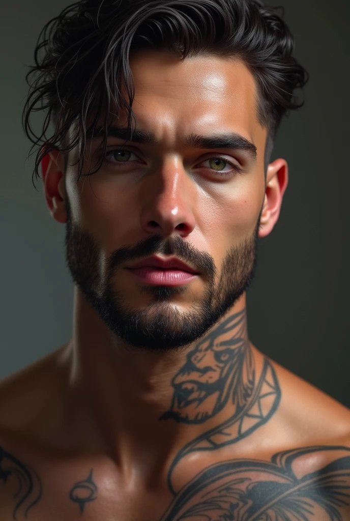 A young and athletic man, roughly 25 years old, with dark and short curly hair and a neatly trimmed beard, exudes a raw and expressive energy. His large and dark eyes gleam with intensity, accompanied by a straight nose and fine lips. A small scar graces his forehead, adding depth and character to his feature-rich face. Twisted teeth give a subtle edge to his smile.

His arms bore intricate tattoos, each line meticulously rendered. These artistic designs accentuated his athletic build and further highlighted his strength. With high resolution and ultra-detailed visuals, the tattoos came to life under cinematic lighting, enhancing the intricacies in each