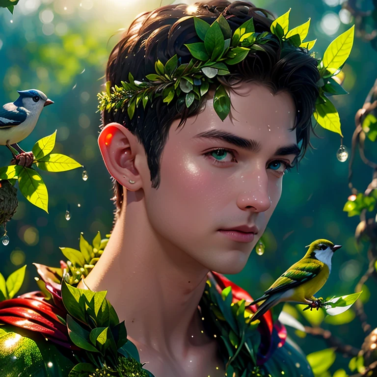   Handsome elf boy  , naked,  big puffy nipples ,  full height.  On his head there is a wreath of flowers , dew drops on the wreath, the sun sparkles in the dew drops ! And on the wreath there is a bird's nest with a beautiful bird, Close-up of a surreal moss elf with sharp ears, illustration,  detailed matte resin drawing  ,  Intense color  ,  fantastic  , the hard part, screensaver,  additional colors  ,  fantastic  concept art, Covered in greenery,  all covered with greenery , absolutely everything  ,  Island of Nevisenia in the ocean there are  ,  unhappy savages live there , they look terrible, but kind inside !