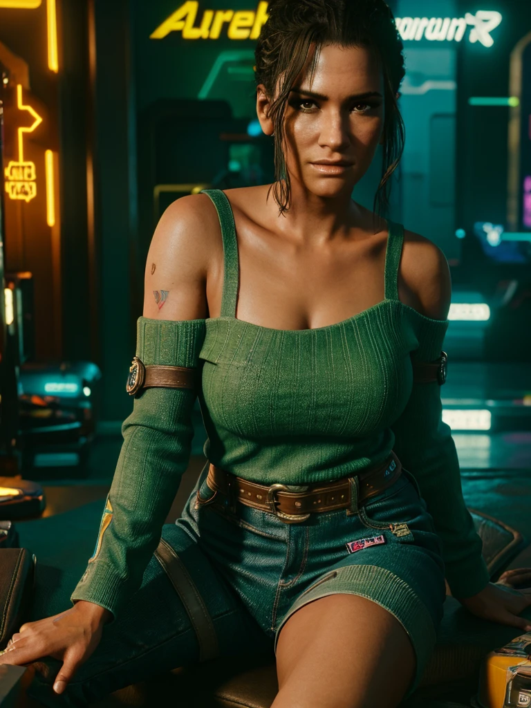 Panam Palmer, Cyberpunk 2077, masterpiece, 8k quality, extremely detailed, bedroom background, off the shoulder green sweater, straps over the shoulder, jeans, brown eyes, small breasts, semi thick thighs