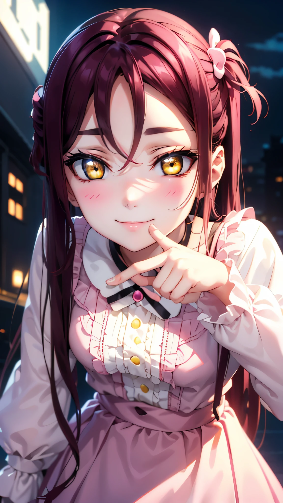 【 Rico Sakrouchi,    Riko Sakurauchi,  long hair,  hair accessory as Kamui , ( yellow eyes:1.3), Red Hair, hair clip,
break skirt, break looking at viewer, 
break (masterpiece:1.2),  top quality ,  high res, unity 8k wallpaper, ( illustration:0.8), ( beautiful detailed eyes:1.6),  Extremely Exquisite Face ,  perfect lighting,  extremely detailed CG, (perfect hand,  Perfect Anatomy), blush,  seductive smile , (Pink clothes),