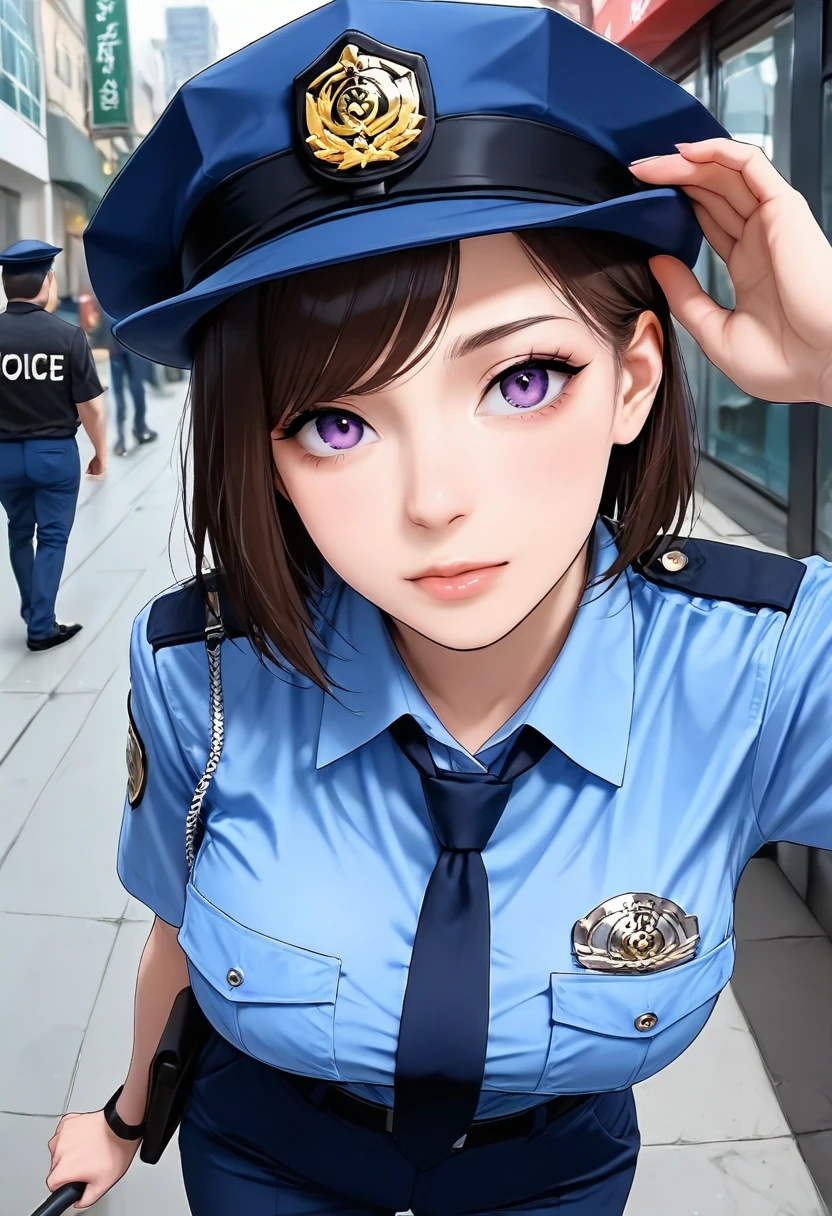 best quality,masterpiece,large breasts,purple eyes,dark brown hair,light blue shirt,blue pants,1girl, ,police hat,breast pocket,swept bangs,