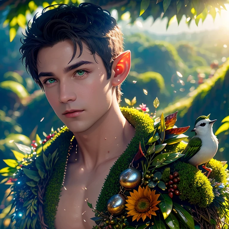   Handsome elf boy  , naked,  big puffy nipples ,  full height.  On his head there is a wreath of flowers , dew drops on the wreath, the sun sparkles in the dew drops ! And on the wreath there is a bird's nest with a beautiful bird, Close-up of a surreal moss elf with sharp ears, illustration,  detailed matte resin drawing  ,  Intense color  ,  fantastic  , the hard part, screensaver,  additional colors  ,  fantastic  concept art, Covered in greenery,  all covered with greenery , absolutely everything  ,  Island of Nevisenia in the ocean there are  ,  unhappy savages live there , they look terrible, but kind inside !