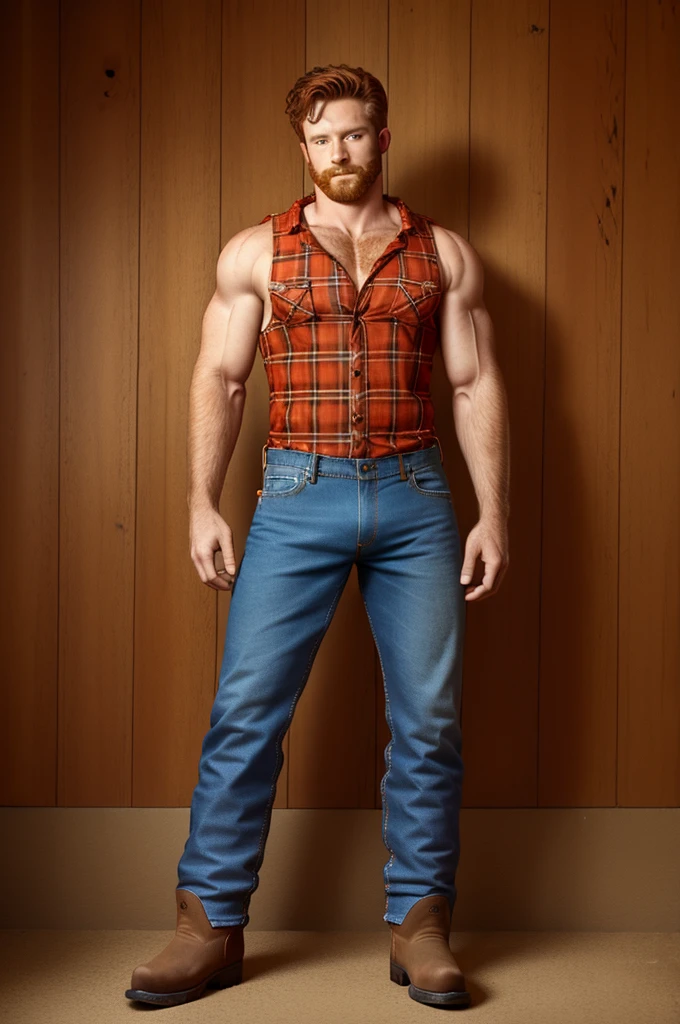 Archie Andrews, (((wearing open red button up flannel shirt, rolled up sleeves, tank top under flannel, denim blue jeans, cowboy boots1.2))), farmyard background, standing, male focus, ((full body image)), daytime, dramatic lighting, broad shoulders, toned body, nice round pecs, (hairy chest:1), looking at the viewer, brown eyes, red messy hair, hairy chest!!!