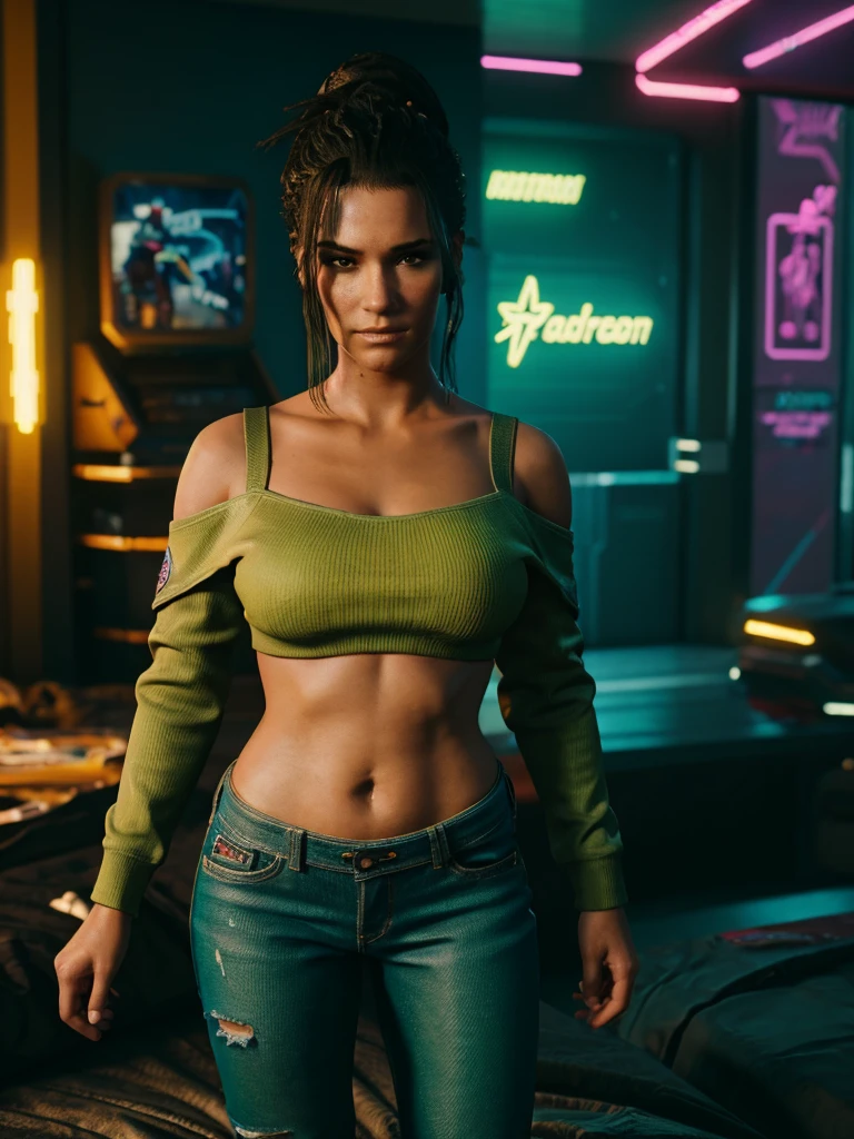 Panam Palmer, Cyberpunk 2077, masterpiece, 8k quality, extremely detailed, ((bedroom background)), off the shoulder skin tight green sweatshirt, straps over the shoulder, jeans, brown eyes, small breasts, semi thick thighs, covered stomach