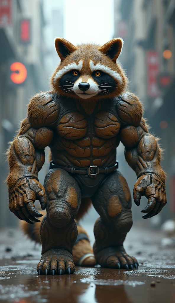 A photo of a fluffy baby raccoon dressed as the Hulk in a hulk outfit. The raccoon has an aggressive expression and is standing in a chaotic environment with fiery orange and red elements. The background is dark.