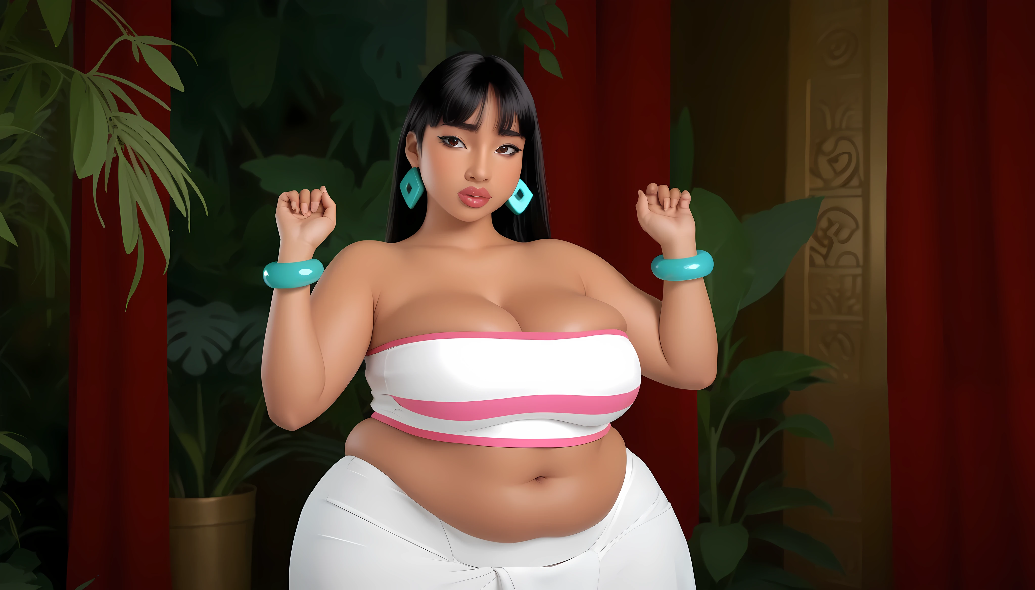 best quality, high rating, c.cu, (Chel, El Dorado), ((brown skin)), brown eyes, full coral pink lips and long, straight thigh-length black hair with flat bangs and sideburns that go partially down ears, non-prominent nose, off-white tube top with a thin red stripe below the thick pink stripe, turquoise bracelets on both wrists, good hands, two hands, two arms, two legs, two breasts, one belly, one belly navel, two eyes, one nose, two ears, one mouth, five fingers on each hands, correct face proportions, fat sexy body BBW, voluptuous hips and thick thighs, fat big breasts, huge love_handles, fat love_handles, panting, elpacha2(artist), ((jungle background:1.0)), overweight, (TIME SET NIGHT on background), tired, panting, 8k, bothered, standing, (fat_girl anatomy), (correct fat_girl anatomy)