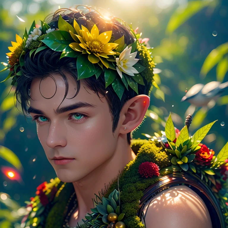   Handsome elf boy  , naked,  big puffy nipples ,  full height.  On his head there is a wreath of flowers , dew drops on the wreath, the sun sparkles in the dew drops ! And on the wreath there is a bird's nest with a beautiful bird, Close-up of a surreal moss elf with sharp ears, illustration,  detailed matte resin drawing  ,  Intense color  ,  fantastic  , the hard part, screensaver,  additional colors  ,  fantastic  concept art, Covered in greenery,  all covered with greenery , absolutely everything  ,  Island of Nevisenia in the ocean there are  ,  unhappy savages live there , they look terrible, but kind inside !