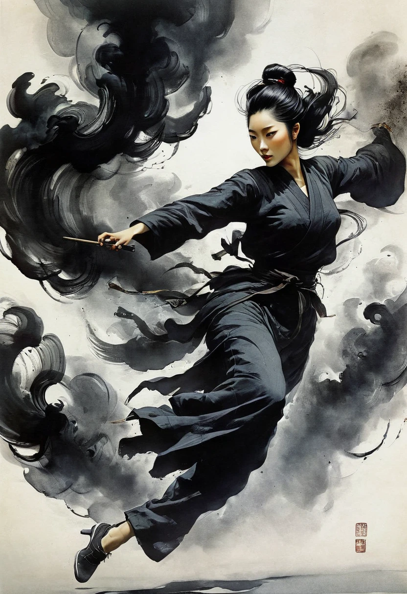 <lora:zyd232_InkStyle_v1_0:1.2> zydink, monochrome, ink sketch, 1girl, fighting stance, open hand, looking at viewer, long hair, floating hair, hanfu, chinese clothes, long long sleeves, (abstract ink splash:1.2), white background