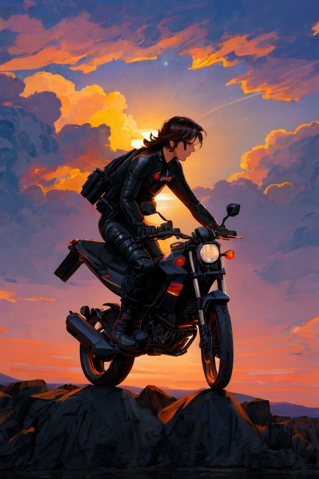 Silhouette of a man riding a sport motor bike, riding in sunsets, gorgeous twilight cloud and skies, milky way, stars, wide cam effect