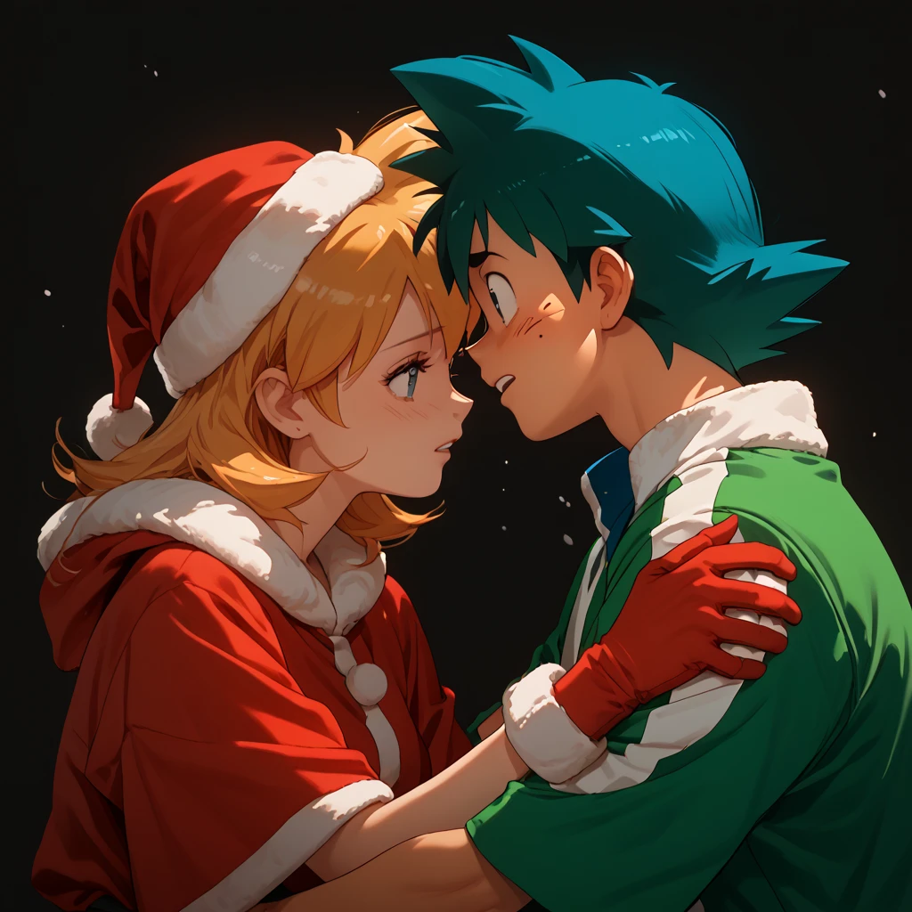 highly detailed, (couple), hetero, (duo focus), highres, 1man, 1woman, BREAK, 1man, ash ketchum, wearing red Christmas outfit, BREAK, 1woman, misty_g2, wearing green Christmas outfit,