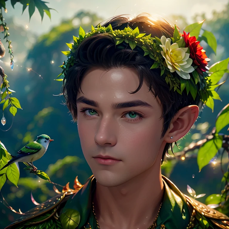   Handsome elf boy  , naked,  big puffy nipples ,  full height.  On his head there is a wreath of flowers , dew drops on the wreath, the sun sparkles in the dew drops ! And on the wreath there is a bird's nest with a beautiful bird, Close-up of a surreal moss elf with sharp ears, illustration,  detailed matte resin drawing  ,  Intense color  ,  fantastic  , the hard part, screensaver,  additional colors  ,  fantastic  concept art, Covered in greenery,  all covered with greenery , absolutely everything  ,  Island of Nevisenia in the ocean there are  ,  unhappy savages live there , they look terrible, but kind inside !