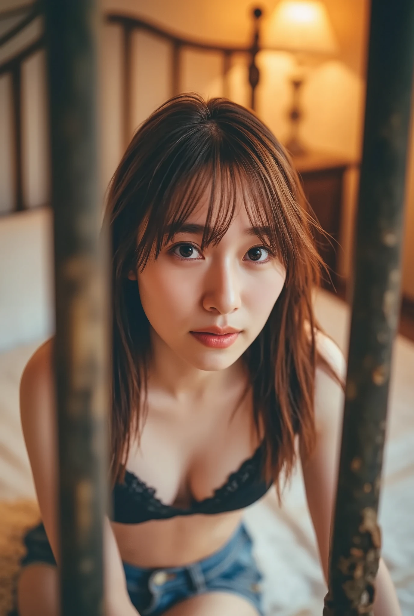 nsfw:1.2,  from below:1.4,front focus:1.5,(8k RAW photo,Live Shooting,  top quality , masterpiece:1.37), Extreme light and shadow, (( full body shot:1.5)), shiny maroon hair ,  long hair, ,bangs, ( Clean brown eyes 、  sparkling eyes  , fine grain)、  ultra-detailed eyes sandwiched between columns、  VERY DETAILED FACE 、  very detailed eyes ,,  One Girl , Alone、  Masterpiece ,  cowboy shooting 、  super high res,nsfw、  One Girl , , ( short tank top,  damaged denim shorts)),  white skin,( Sunset Background:1.4), bedroom,