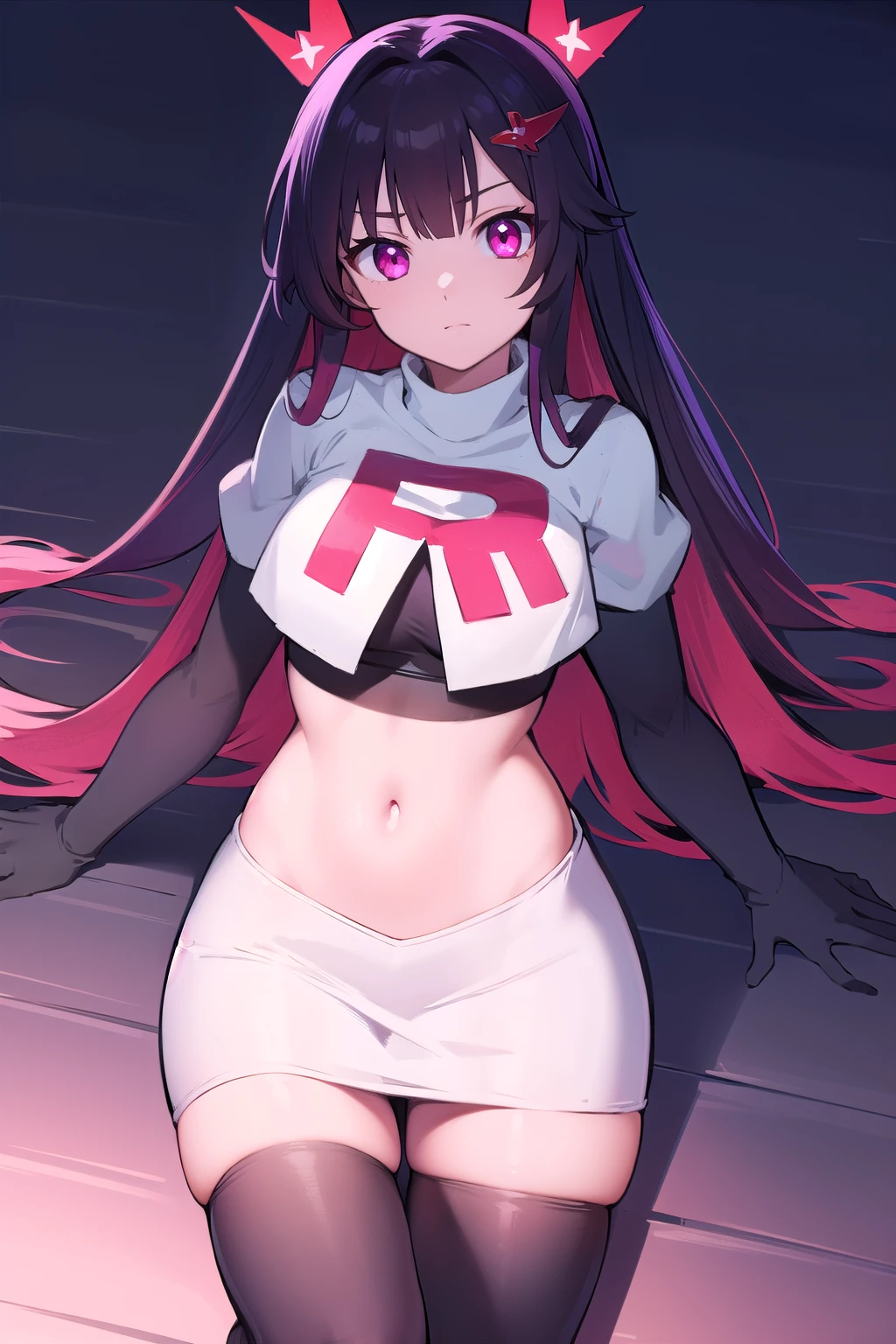 honkaisparkle, black hair, colored inner hair, glasses, hair intakes, hair ornament, hairclip, long hair, multicolored hair, (pink eyes:1.3), purple hair, straight hair, 
BREAK team rocket,team rocket uniform,white skirt,red letter R,crop top,black thigh-highs,black elbow gloves,
BREAK looking at viewer, cowboy shot,
BREAK (masterpiece:1.2), best quality, high resolution, unity 8k wallpaper, (illustration:0.8), (beautiful detailed eyes:1.6), extremely detailed face, perfect lighting, extremely detailed CG, (perfect hands, perfect anatomy),