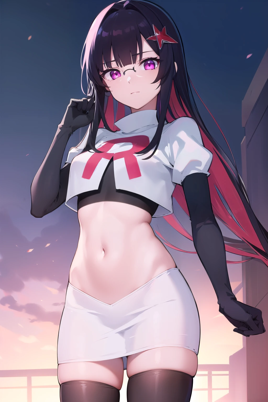 honkaisparkle, black hair, colored inner hair, glasses, hair intakes, hair ornament, hairclip, long hair, multicolored hair, (pink eyes:1.3), purple hair, straight hair, 
BREAK team rocket,team rocket uniform,white skirt,red letter R,crop top,black thigh-highs,black elbow gloves,
BREAK looking at viewer, cowboy shot,
BREAK (masterpiece:1.2), best quality, high resolution, unity 8k wallpaper, (illustration:0.8), (beautiful detailed eyes:1.6), extremely detailed face, perfect lighting, extremely detailed CG, (perfect hands, perfect anatomy),