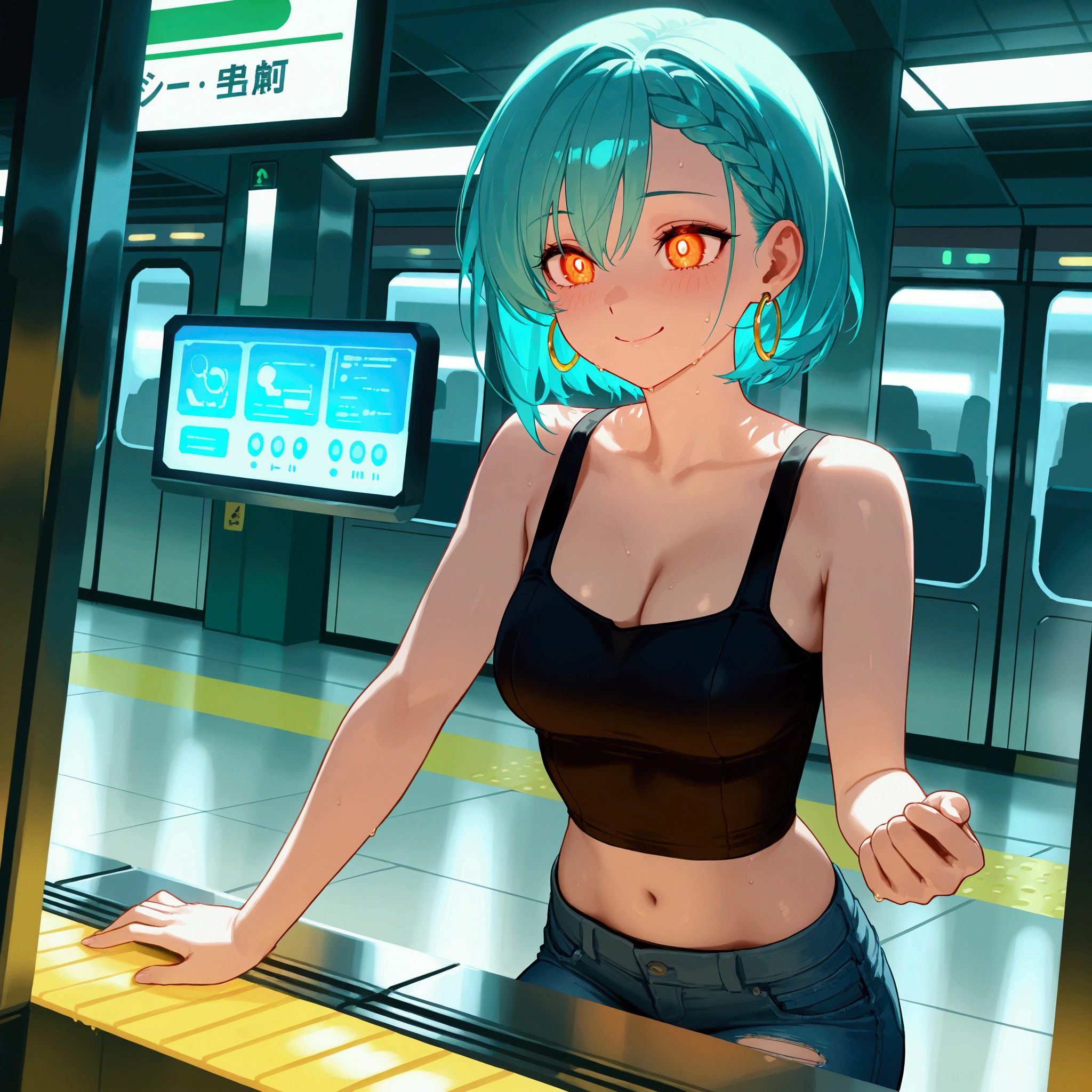 1girl, (best quality), 8k, masterpiece, aqua hair, short hair, braided bangs hairstyle, calm, BREAK, orange eyes, happy smile, hot face, steamy, hoop earring, BREAK, medium breasts, BREAK, destroyed jeans under pantyhose, BREAK, futuristic subway station with glowing LED walls, BREAK, sleek metallic benches and glass barriers, BREAK, digital signage displaying train schedules, BREAK, polished floors reflecting soft ambient lights, 