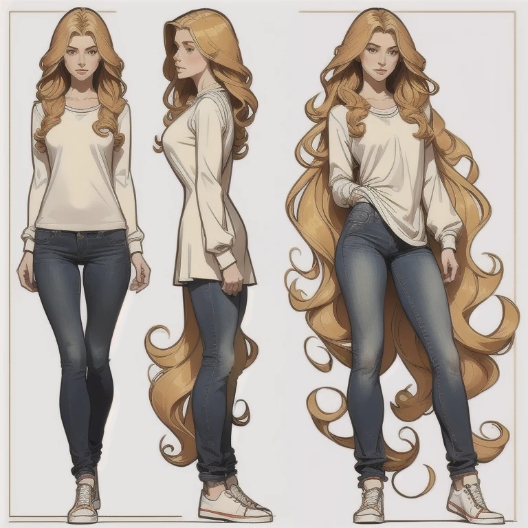 frontal image, concept art of the character, white background, full body, realistic drawing, standing, 1 girl, long and wavy golden hair, thin white long-sleeved shirt, jeans and black sneakers, , extremely beautiful, reclusive posture and introvert, sketches of the character around her, beautiful shape and aesthetics of the face and body