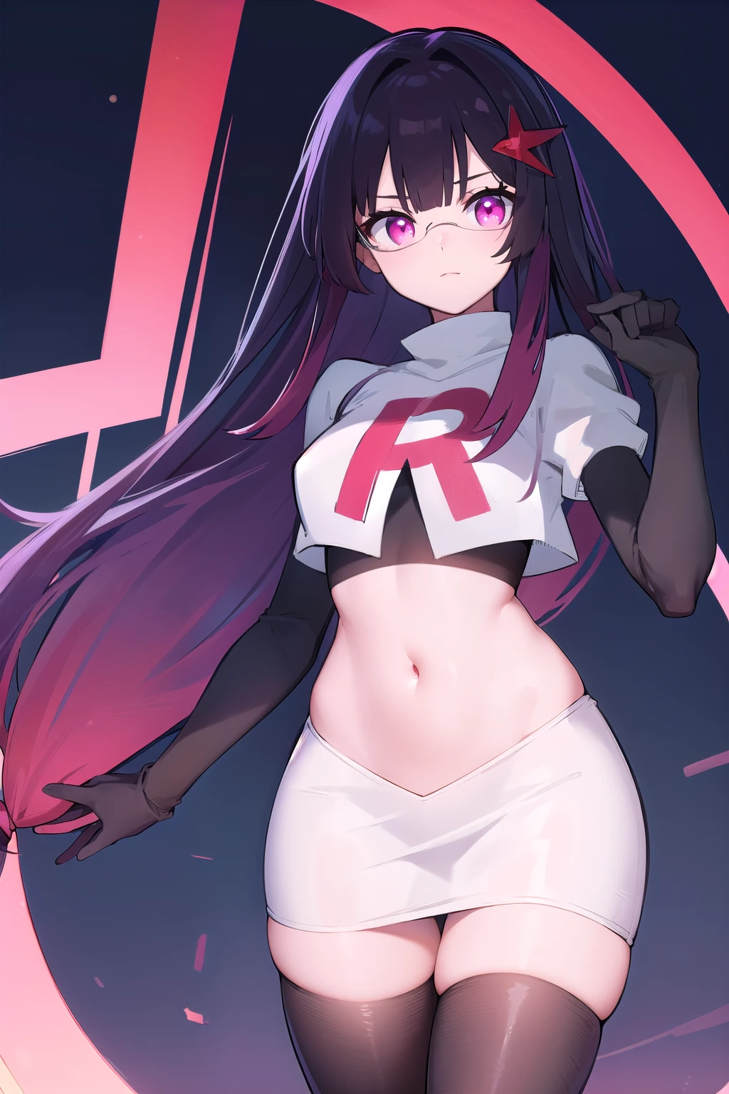 honkaisparkle, black hair, colored inner hair, glasses, hair intakes, hair ornament, hairclip, long hair, multicolored hair, (pink eyes:1.3), purple hair, straight hair, 
BREAK team rocket,team rocket uniform,white skirt,red letter R,crop top,black thigh-highs,black elbow gloves,
BREAK looking at viewer, cowboy shot,
BREAK (masterpiece:1.2), best quality, high resolution, unity 8k wallpaper, (illustration:0.8), (beautiful detailed eyes:1.6), extremely detailed face, perfect lighting, extremely detailed CG, (perfect hands, perfect anatomy),