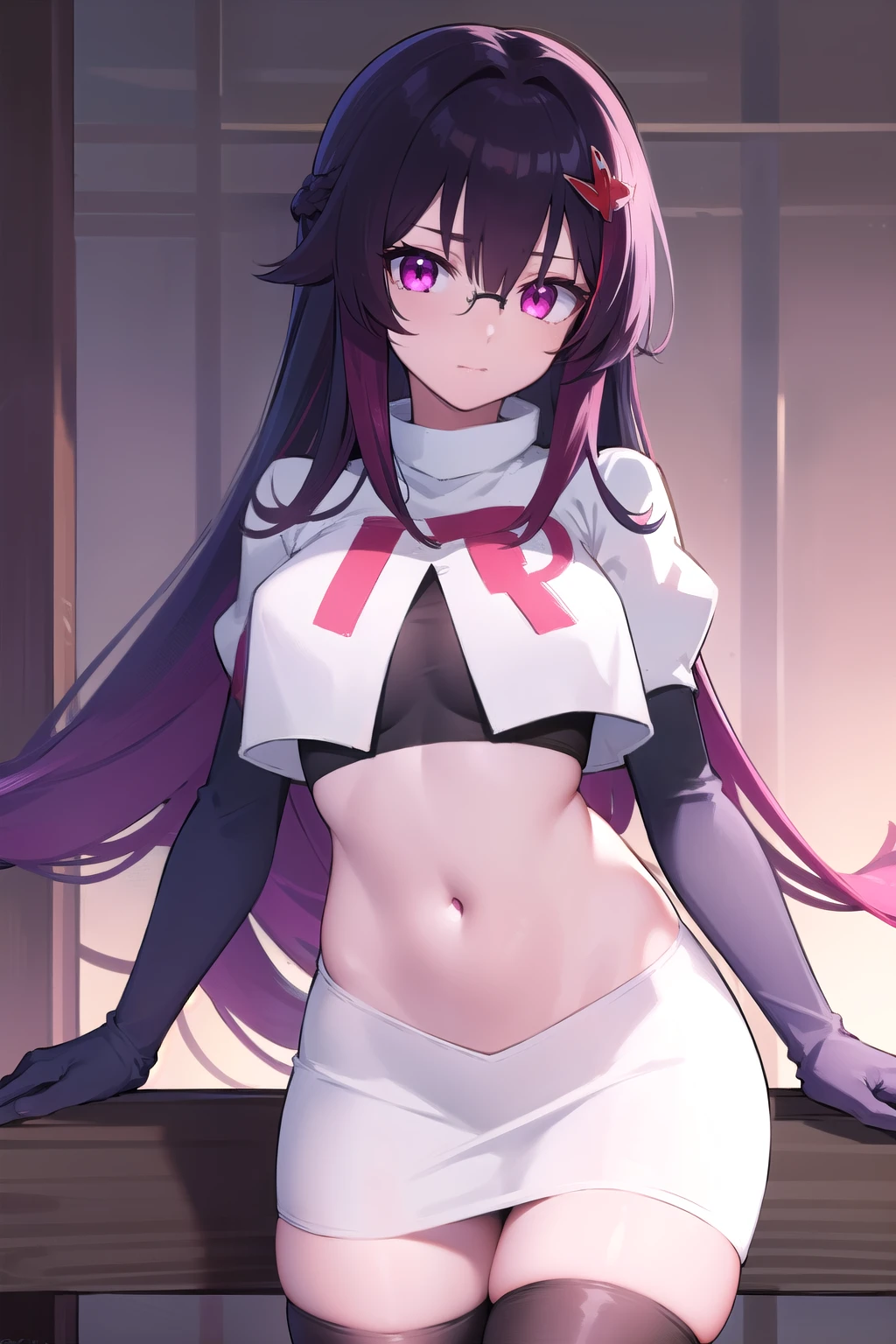 honkaisparkle, black hair, colored inner hair, glasses, hair intakes, hair ornament, hairclip, long hair, multicolored hair, (pink eyes:1.3), purple hair, straight hair, 
BREAK team rocket,team rocket uniform,white skirt,red letter R,crop top,black thigh-highs,black elbow gloves,
BREAK looking at viewer, cowboy shot,
BREAK (masterpiece:1.2), best quality, high resolution, unity 8k wallpaper, (illustration:0.8), (beautiful detailed eyes:1.6), extremely detailed face, perfect lighting, extremely detailed CG, (perfect hands, perfect anatomy),