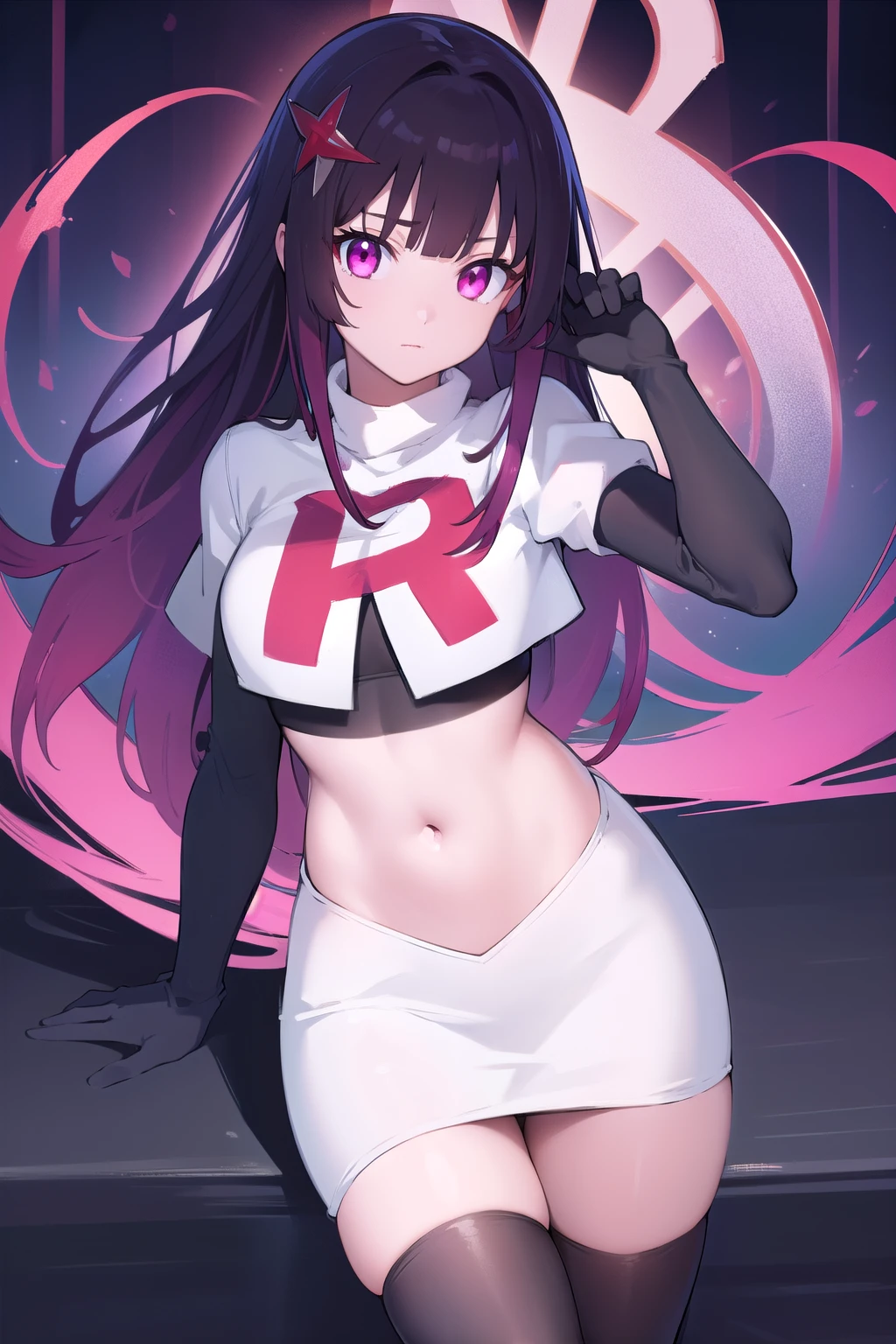 honkaisparkle, black hair, colored inner hair, glasses, hair intakes, hair ornament, hairclip, long hair, multicolored hair, (pink eyes:1.3), purple hair, straight hair, 
BREAK team rocket,team rocket uniform,white skirt,red letter R,crop top,black thigh-highs,black elbow gloves,
BREAK looking at viewer, cowboy shot,
BREAK (masterpiece:1.2), best quality, high resolution, unity 8k wallpaper, (illustration:0.8), (beautiful detailed eyes:1.6), extremely detailed face, perfect lighting, extremely detailed CG, (perfect hands, perfect anatomy),