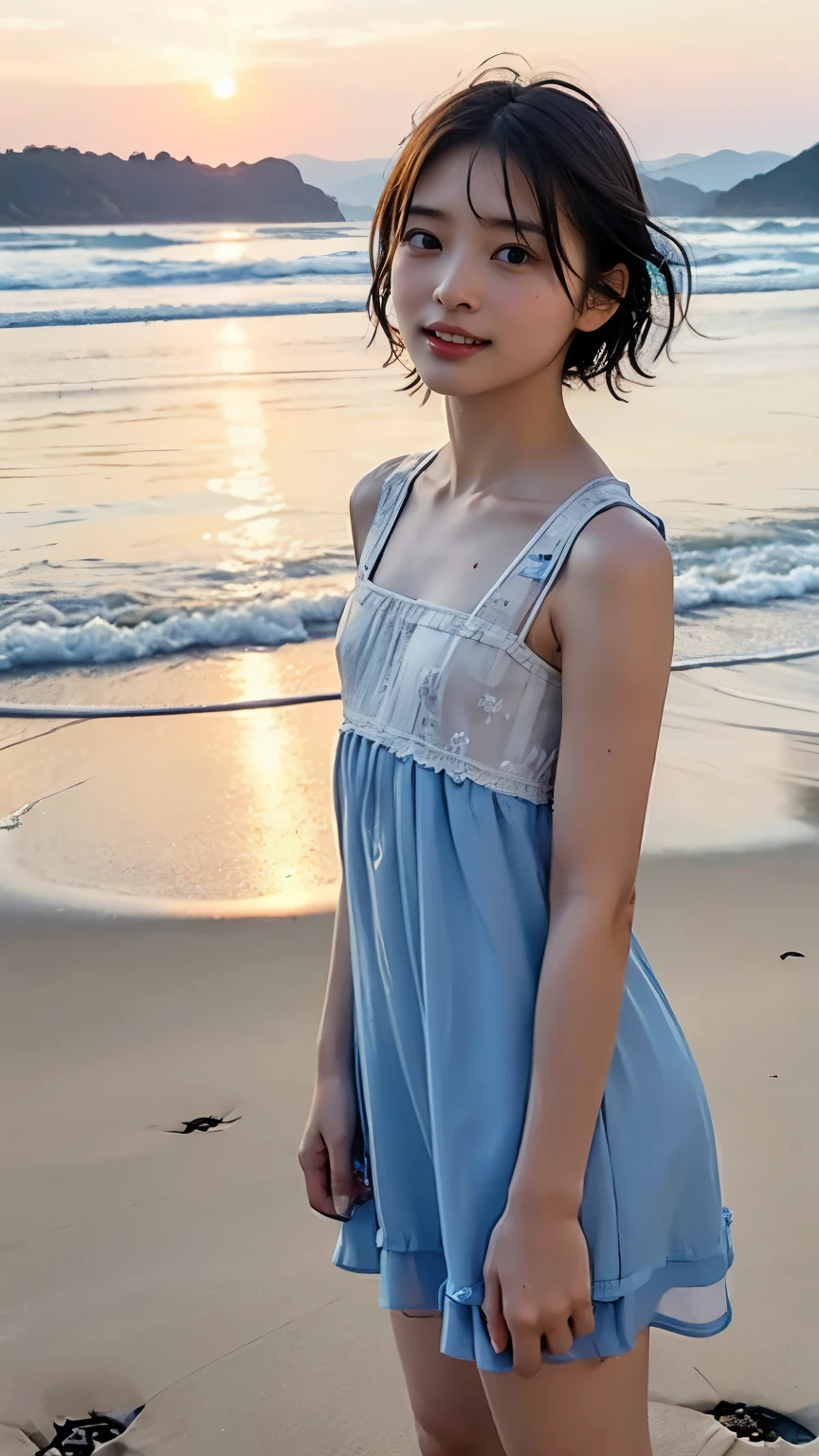 :1.0, super high quality, a scene from the movie,Japanese famous actress,(The ground is wet with :1.2), ((Fluffy sleeveless dress,Nipples protruding:1.2))， 40 years old ,smile,，64k, high Quality ，Clear body line、Small size breast,、Full body diagram、Angle from the side、Staring at the camera、beauty,high detail，standing on the sunset beach:1.4 , no make，My hair is fluttering in the wind， short hair:1.0, Delicate shoulders, (The  are facing up:1.4),,( lerge Mons  :),ahegao,sunbeam,Pee stance,