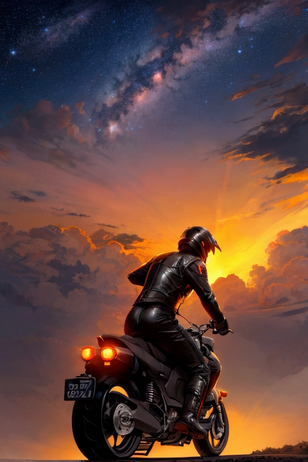 Silhouette of a man riding a sport motor bike from behind view, riding in sunsets, gorgeous twilight cloud and skies, milky way, stars, wide cam effect