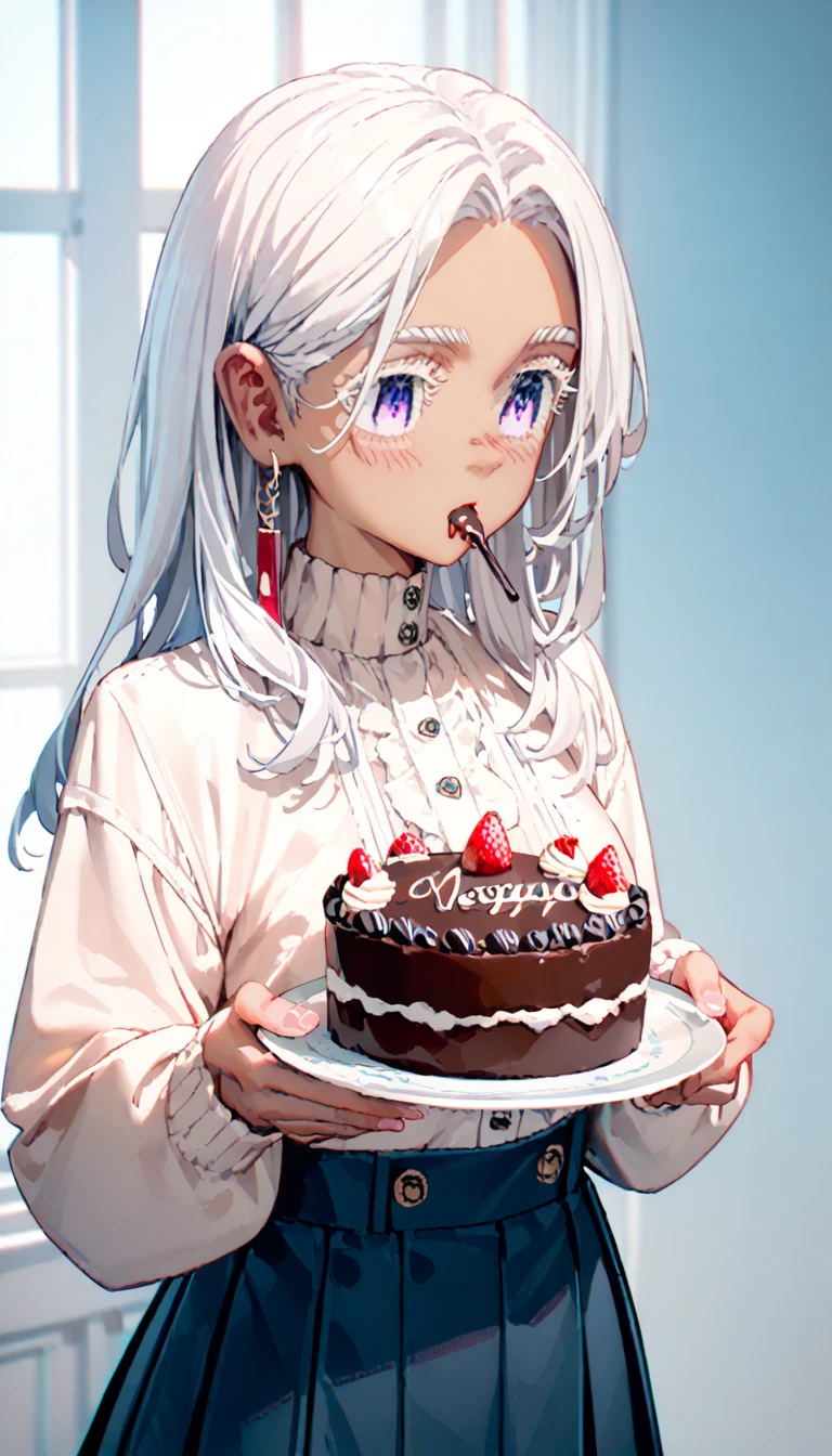 Brown-skinned girl with LONG LONG white hair, violet eyes, with big bust, wearing a high-neck blouse with long sleeves in white and a light blue skirt and while eating a chocolate cake