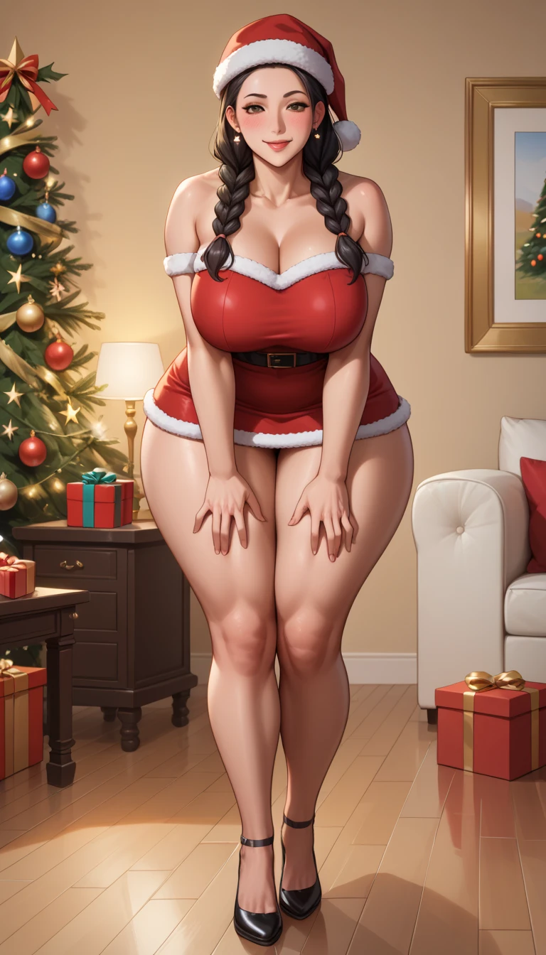 An extremely busty and big booty Malaysian woman  Santa's helper in a mall. She  dressed in a sexy Elf costume. She has a Hijab. She  helping kids onto Santa's lap