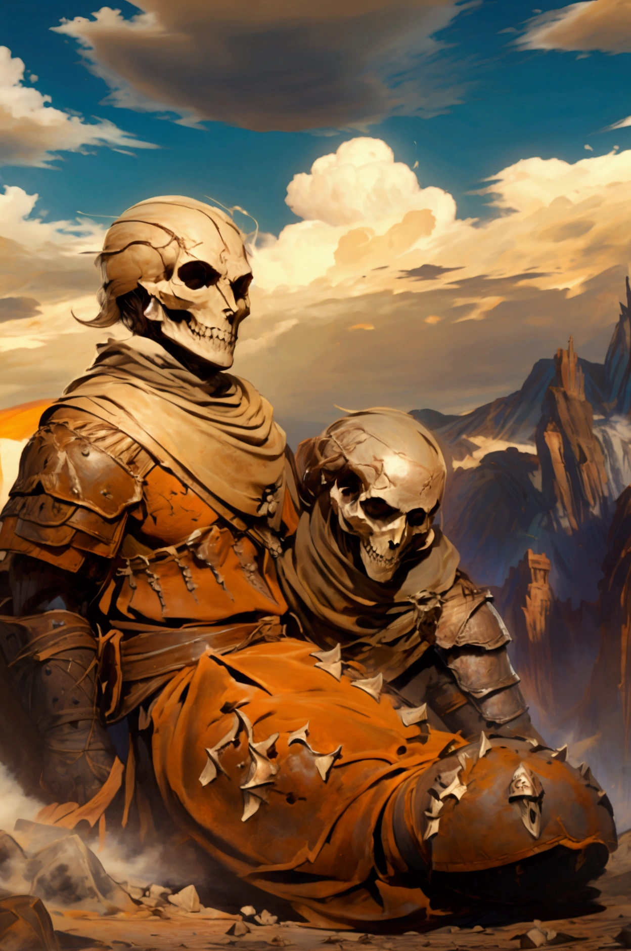 A scene from Conan's movie a barren decree mountains in the background an unstable cloudy sky in the distance human skulls on the ground 