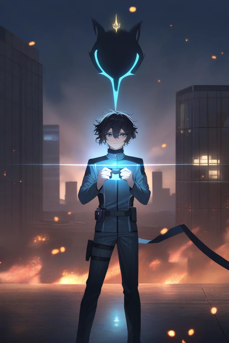 A striking anime-style character, Rhael Arden, standing on a futuristic urban rooftop during a smoky battlefield at dusk. He is wearing a distinctive SPF uniform, a sleek blend of tactical functionality and modern elegance. The uniform is dark with a matte finish, accented by glowing cyan lines and subtle insignias denoting his rank as a leader. His short, messy dark hair is illuminated by the faint glow of a virtual stat tree projected in front of him. His expression is sharp and calculating, embodying his mix of confidence and strategic intellect. In his hand is a high-tech weapon resembling a futuristic gaming controller morphed into a blade, glowing faintly with blue energy. Around him, faintly glowing checkpoints and digital markers hover in the smoky air, symbolizing his ability to create save points. The cityscape behind him is chaotic, with ash and embers drifting through the air, enhancing the dramatic atmosphere. The uniform reflects a blend of authority and combat readiness, emphasizing his unique role in the SPF.