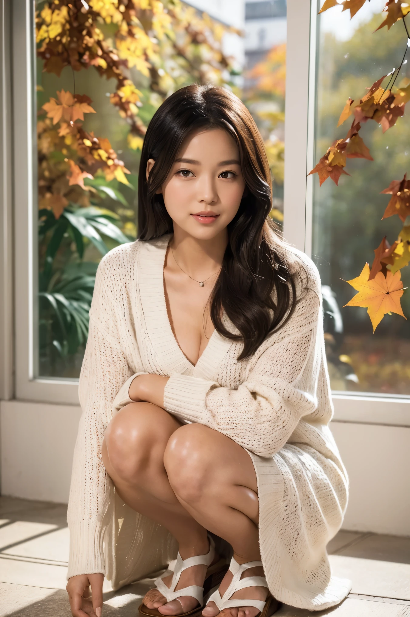 (masterpiece:1.3), nothing , super detailed , Hi-Res CG Unity 8K Wallpaper , realistic , photo- realistic , RAW photos , ( Show me your face ), 青 white skin, realistic skin, Detailed Fabric Textures, Detailed Hair Textures , supermodel , faces standing on the floor, Accurate, 解剖学的にAccurate, Highly Detailed Face and Skin Textures , natural necklace with criss-shaped irises , ( beautiful hands), ( white skin:1.2), (( Slightly Open Crouching Posture ))、Voluptuous legs, show off sexy thighs , black panties are only slightly visible
30 year old Japanese woman 、 camera looking at the camera in full bloom
Fine-grained , symmetrical eyes, brown eyes , double eyelids, thin eyebrows, ( glossy lips :1.4), ( gentle smile :1.2),
( very cute woman:1.3), ( She wears a white long knitted coat over a brown v-neck sweater.:1.2), ( charcoal gray knee-length pleated skirt :1.2), ( Sandals),
big breasts at the temple , ( broken window , Shapely breasts, charming figure :1.1), ((Look at the black haired ))
( crouched and slouched forward :1.2), ( Ginko Namiki:1.2), ((Autumn leaves:1.3))