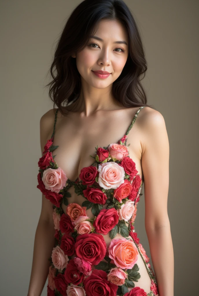 A mesmerizing image of a Japanese mature woman, 48 years old, wearing an exquisite, seamless arrangement of roses that fully covers her body without any gaps. The roses form a natural yet luxurious gown, emphasizing elegance and sophistication. Her expression is warm and inviting, with a gentle smile showcasing subtle laugh lines. Her wavy hair gracefully frames her face, complementing her glowing, translucent skin and natural beauty. The pose is refined, highlighting her slim figure and graceful curves. The image features sharp focus, high resolution, and ultra-detailed quality, rendered with realism, depth of field, and physically based lighting for an enchanting and photo-realistic look.