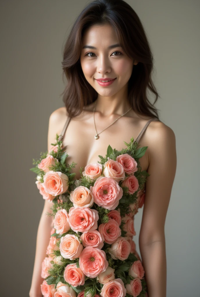 A mesmerizing image of a Japanese mature woman, 48 years old, wearing an exquisite, seamless arrangement of roses that fully covers her body without any gaps. The roses form a natural yet luxurious gown, emphasizing elegance and sophistication. Her expression is warm and inviting, with a gentle smile showcasing subtle laugh lines. Her wavy hair gracefully frames her face, complementing her glowing, translucent skin and natural beauty. The pose is refined, highlighting her slim figure and graceful curves. The image features sharp focus, high resolution, and ultra-detailed quality, rendered with realism, depth of field, and physically based lighting for an enchanting and photo-realistic look.