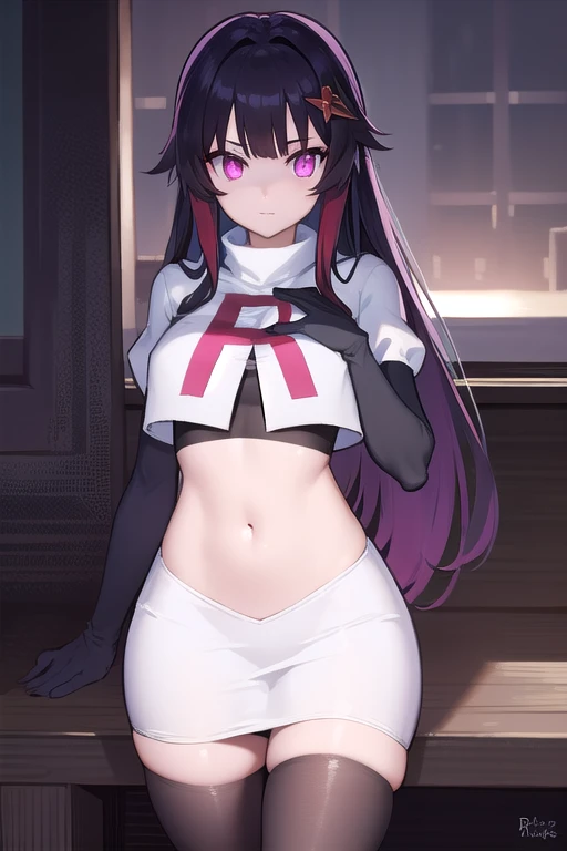 1girl, bangs, blunt_bangs, breasts, eyebrows_visible_through_hair, gloves, long_hair, looking_at_viewer, medium_breasts, purple_eyes, purple_hair, solo, very_long_hair, team rocket,team rocket uniform,white skirt,red letter R,crop top,black thigh-highs,black elbow gloves