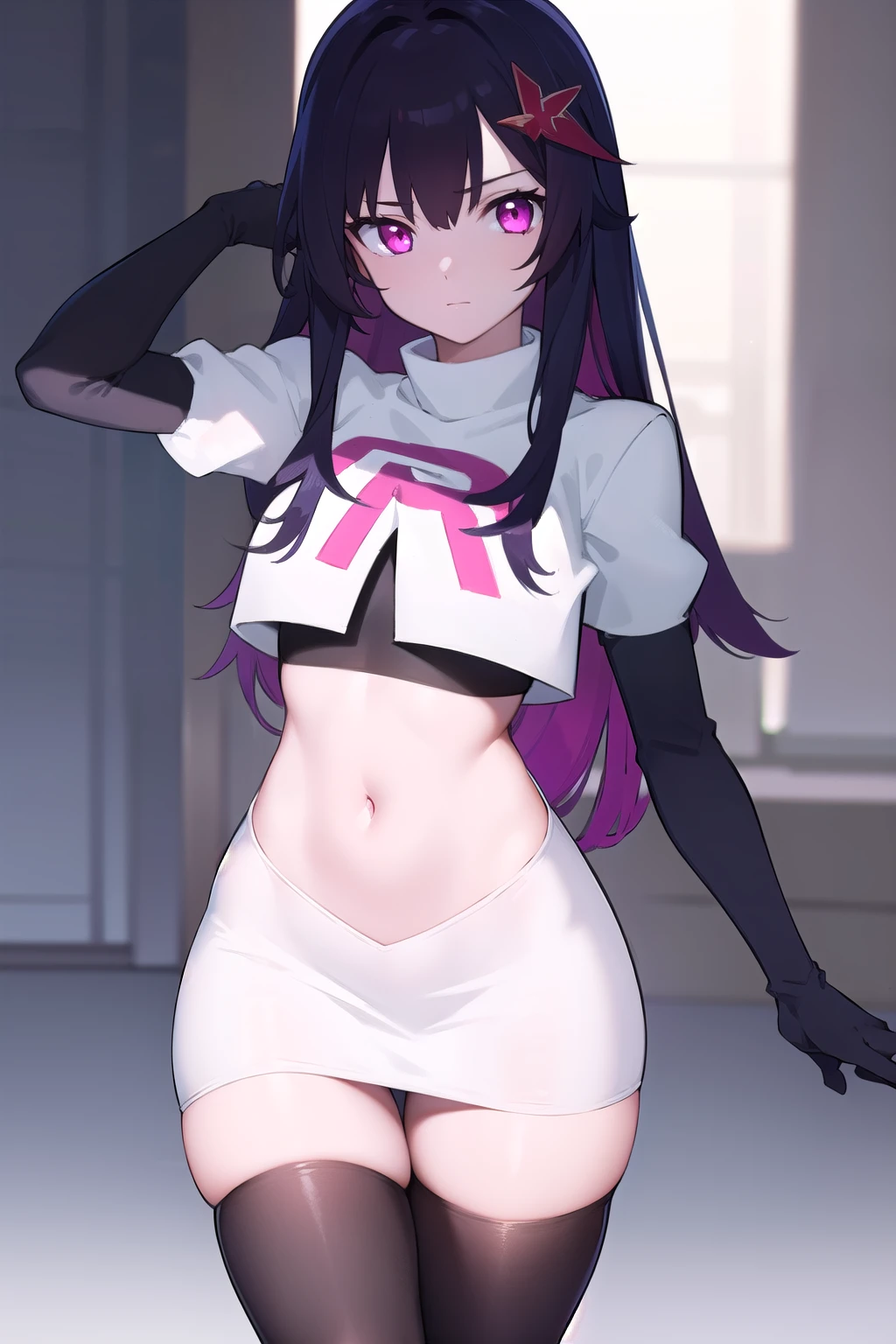 2d, masterpiece, best quality, anime, highly detailed face, highly detailed eyes, highly detailed background, perfect lighting, yomegurihana, virtual youtuber, (1girl:1.2), orange eyes, black hair, streaked hair, pink hair, very long hair, blunt bangs, hairclip, medium breasts, breasts, turtleneck, (midriff:1.2), headphones around neck, arms behind back, indoors, window, :o, dutch angle, Chessi clothes