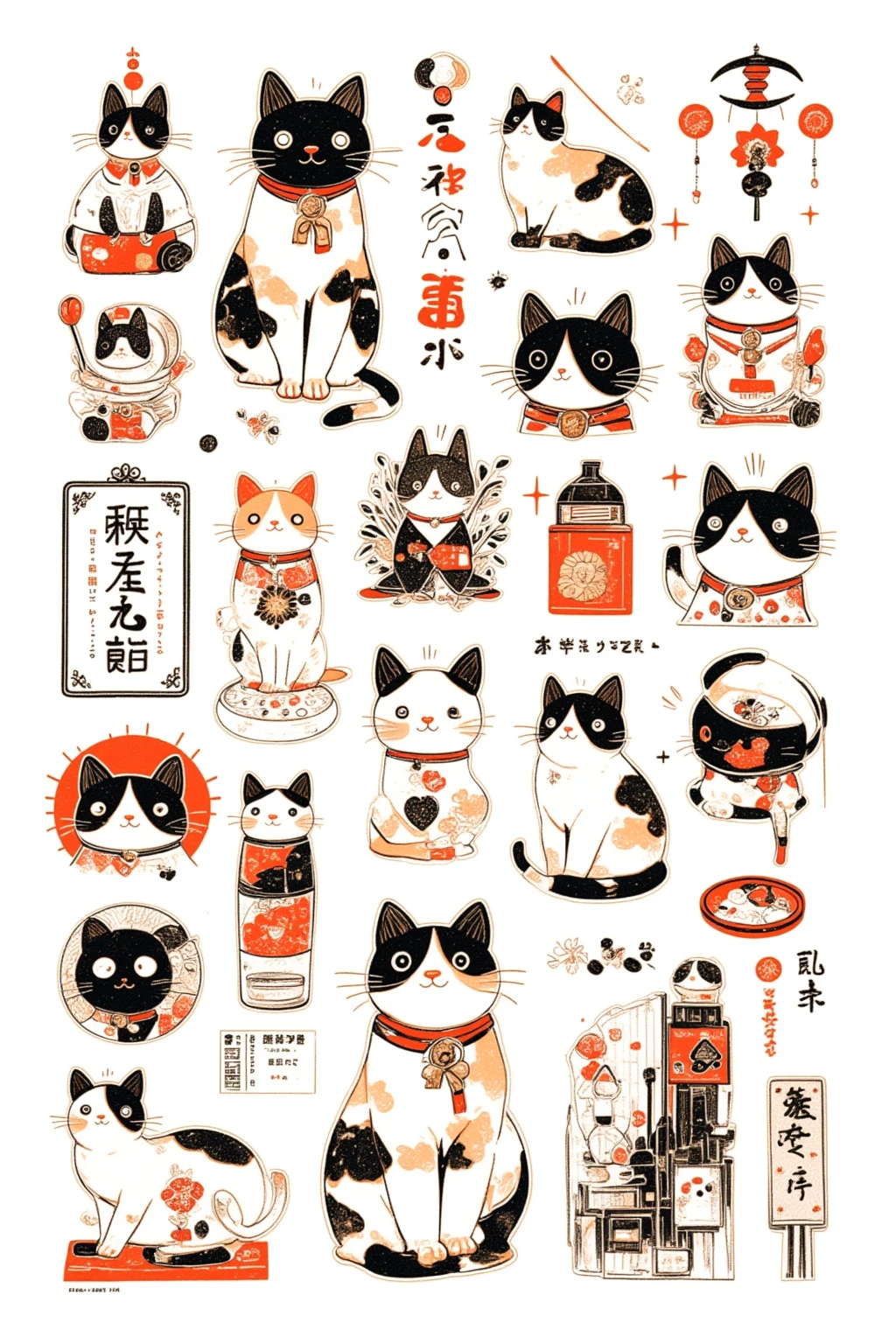   large collection of  cat tattoos and symbols, Flash Sheet,   tattoo flash  , sailor jerry   tattoo flash  , mcbess, mcbess illustration, McBess poster ,   artwork, ink   artwork,   tattoo sketch  ,   sticker illustration  , Ink drawing,   tattoo graphic  ,  graffiti, hd   artwork,   HD vector art  , retro line art,   line art illustration  ,   tattoo design ukiyo-e , Ultra Fine,  very detailed,  top quality , cute,funny