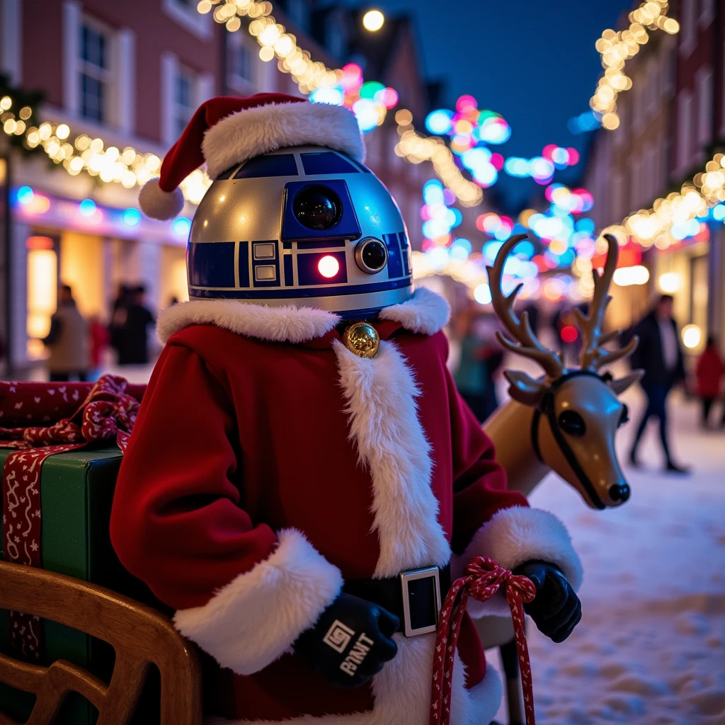 Darth Vader wearing a red Santa outfit and a bell around his neck, delivering presents from a sleigh in the night sky filled with Christmas lights. Reindeer flying alongside him, with one reindeer wearing a Stormtrooper mask. In the background, a 'Merry Christmas' logo shines brightly.