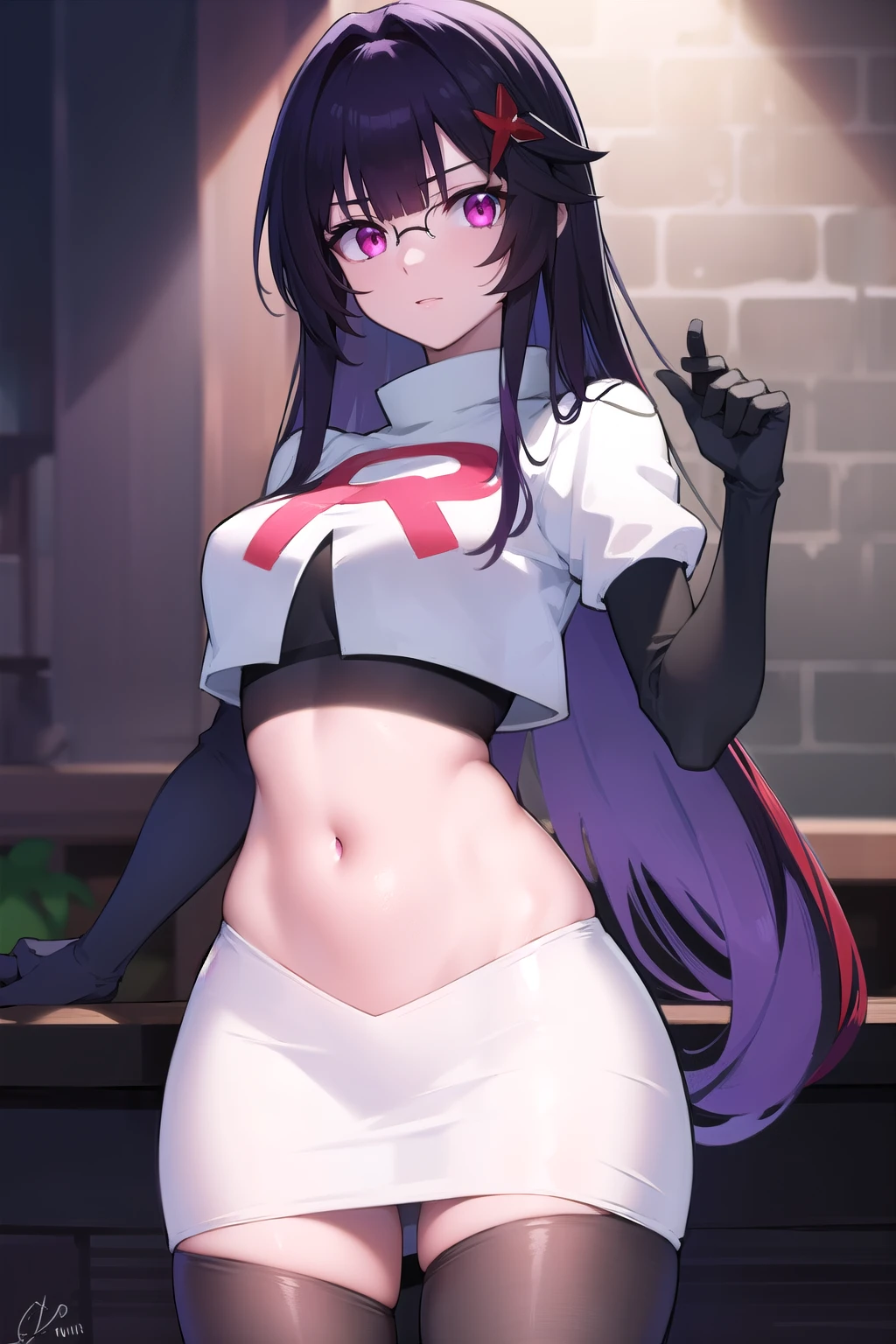 honkaisparkle, black hair, colored inner hair, glasses, hair intakes, hair ornament, hairclip, long hair, multicolored hair, (pink eyes:1.3), purple hair, straight hair, 
BREAK team rocket,team rocket uniform,white skirt,red letter R,crop top,black thigh-highs,black elbow gloves,
BREAK looking at viewer, cowboy shot,
BREAK (masterpiece:1.2), best quality, high resolution, unity 8k wallpaper, (illustration:0.8), (beautiful detailed eyes:1.6), extremely detailed face, perfect lighting, extremely detailed CG, (perfect hands, perfect anatomy),