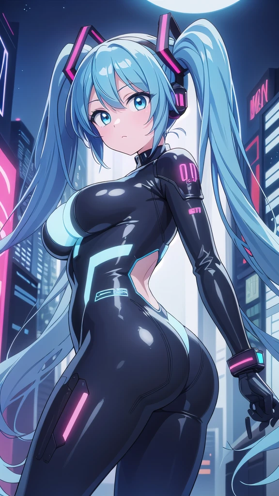 ((Highest quality))、(masterpiece)、Hatsune Miku VOCALOID、(Twin tails)、Light blue hair、Water-colored pupils、cyber punk、Ultimate Physical Beauty、Big Ass、(Big Breasts)、Bodysuits、Sexy pose、12-year-old girl has electronic visor fitted to her face、red latex body、Cyberpunk mode、(Light blue hair:1.4),Breast enlargement、Neon lights in the dark city at night,Unreal Engine:1.4,Ultra-high resolution,La highest quality:1.4, Realistic:1.4, Skin Texture:1.4, masterpiece:1.8,masterpiece, highest quality,(Beautifully detailed eye depiction)