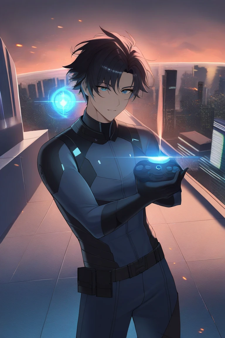 A striking anime-style character, Rhael Arden, standing on a futuristic urban rooftop during a smoky battlefield at dusk. He is wearing a distinctive SPF uniform, a sleek blend of tactical functionality and modern elegance. The uniform is dark with a matte finish, accented by glowing cyan lines and subtle insignias denoting his rank as a leader. His short, messy dark hair is illuminated by the faint glow of a virtual stat tree projected in front of him. His expression is sharp and calculating, embodying his mix of confidence and strategic intellect. In his hand is a high-tech weapon resembling a futuristic gaming controller morphed into a blade, glowing faintly with blue energy. Around him, faintly glowing checkpoints and digital markers hover in the smoky air, symbolizing his ability to create save points. The cityscape behind him is chaotic, with ash and embers drifting through the air, enhancing the dramatic atmosphere. The uniform reflects a blend of authority and combat readiness, emphasizing his unique role in the SPF.